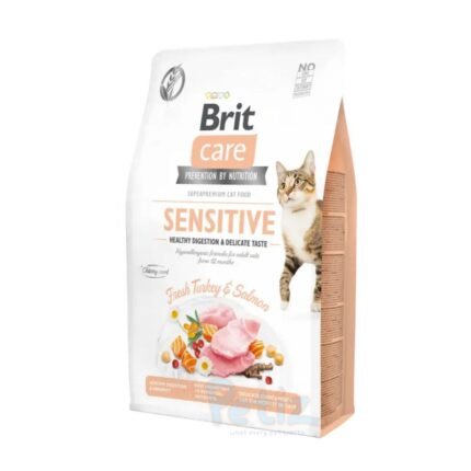 Croquettes Brit Care Chat Sensible Sans Céréales – nutrition et adaptée aux chats au système digestif Santé des reins et des voies urinaires Réduction des odeurs fécales 26% Viande de dinde fraîche