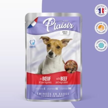 Sachet fraîcheur 100g d’émincés au BOEUF et aux Légumes en sauce (chien adulte)