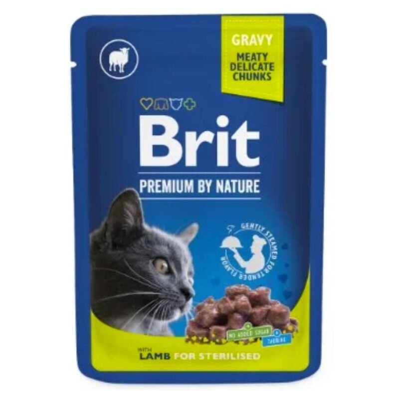 Brit Premium Pochon Agneau pour Chat Stérilisé 100g – Nourriture humide complète en sauce, riche en viande (87%) avec 9,3% d’agneau