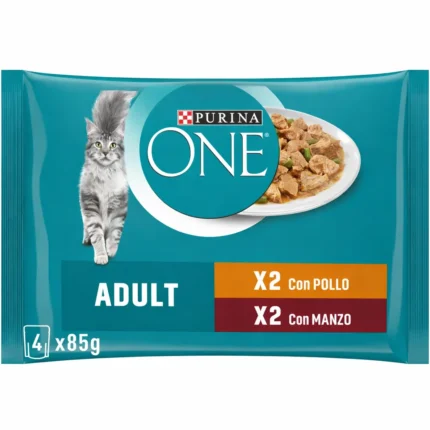 Purina ONE Adult Sachets Fraîcheur Poulet & Bœuf 4 x 85 g | Alimentation Humide Complète pour Chat Adulte