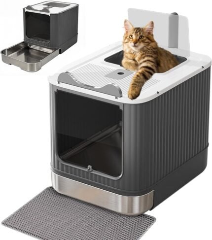 Bac à Litière Fermé en Acier Inoxydable avec Couvercle et Tiroir Amovible | Maison de Toilette Anti-Odeurs pour Chat avec Pelle et Tapis Inclus