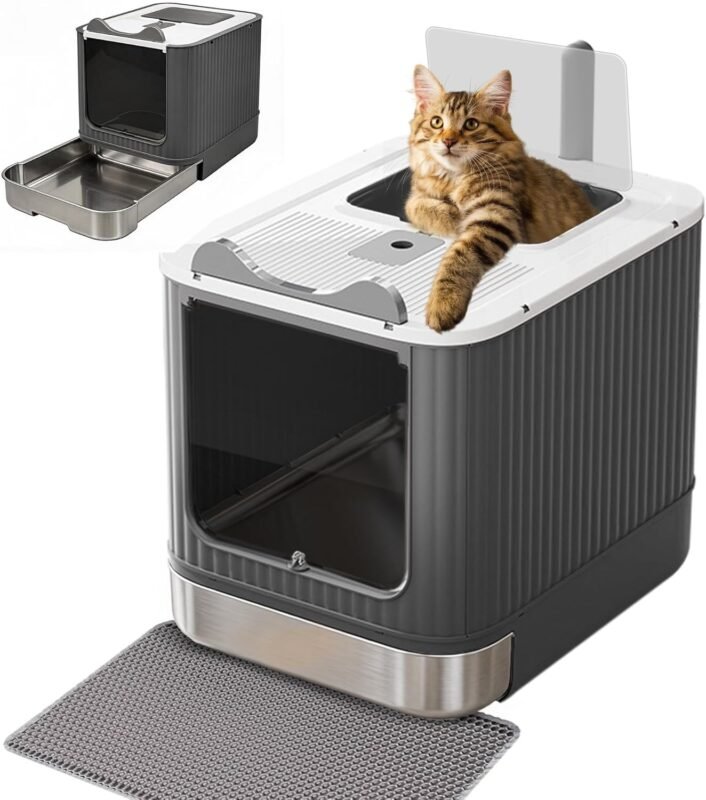 Bac à Litière Fermé en Acier Inoxydable avec Couvercle et Tiroir Amovible | Maison de Toilette Anti-Odeurs pour Chat avec Pelle et Tapis Inclus