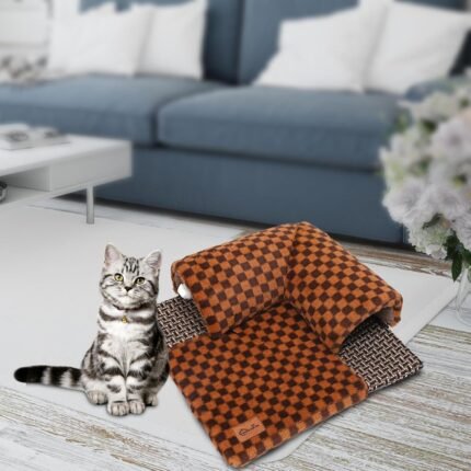 Tunnel pour Chat 2-en-1 avec Lit Douillet et Balle de Jeu | Couchage Interactif Antidérapant en Suédine pour Chats et Chatons
