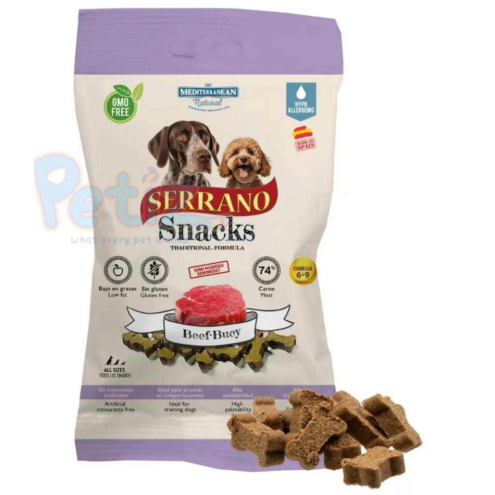 Friandises SERRANO Snacks Semi-Humides pour Chien Mediterranean Natural au Bœuf 100g - 74% Boeuf