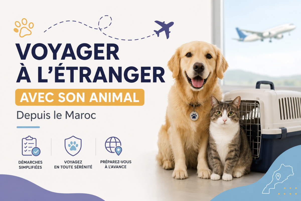 Chien et chat avec caisse de transport, prêts à voyager à l’étranger depuis le Maroc